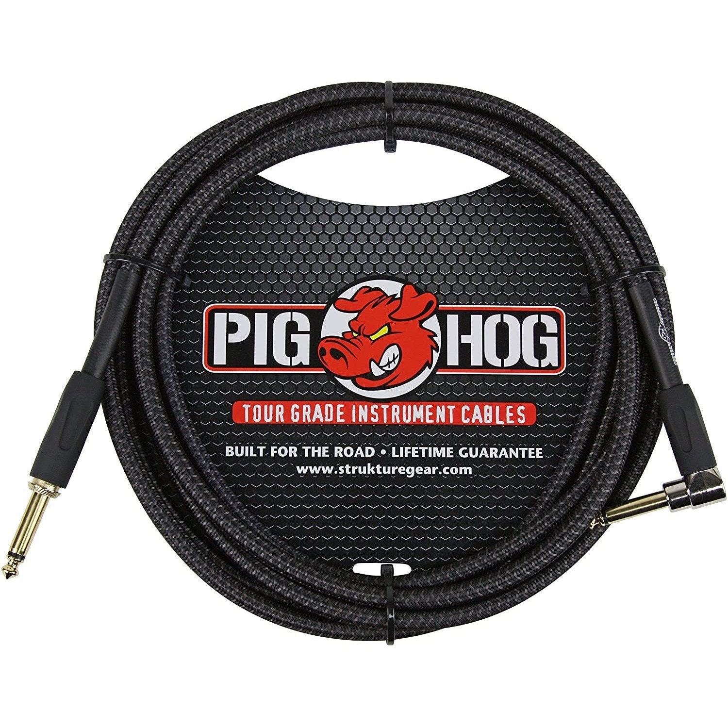 Pig Hog 1/4" Right Angle Black Woven Guitar Cable, 10ft