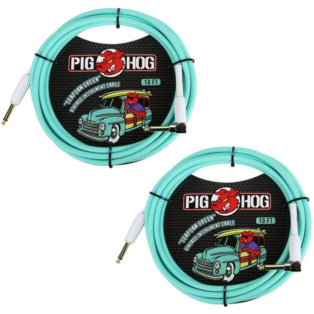 2 Pack Pig Hog Seafoam Green Right-Angle Instrument Cable, 10ft