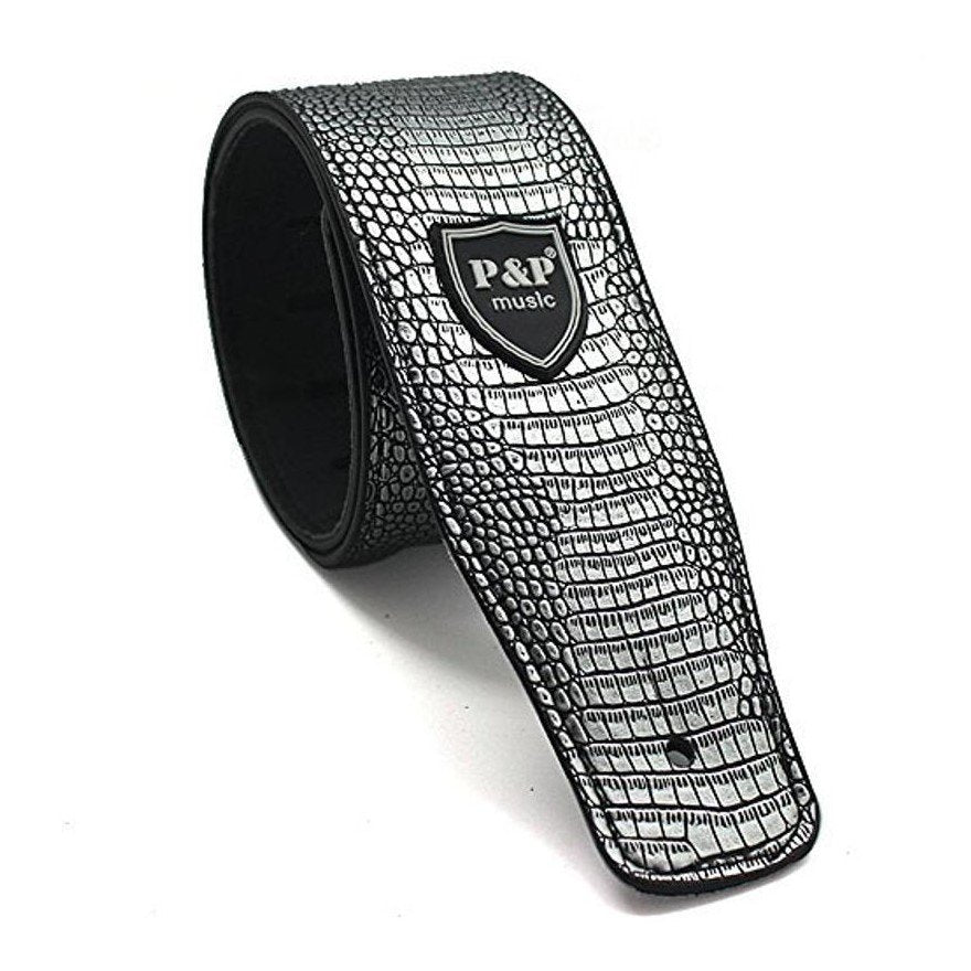 Adjustable Leather Guitar Strap Embossed for Acoustic Electric Guitar Strap Silver Snake