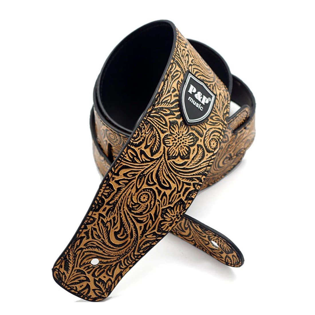 Adjustable Leather Guitar Strap Embossed for Acoustic Electric Guitar Strap Tan Paisley