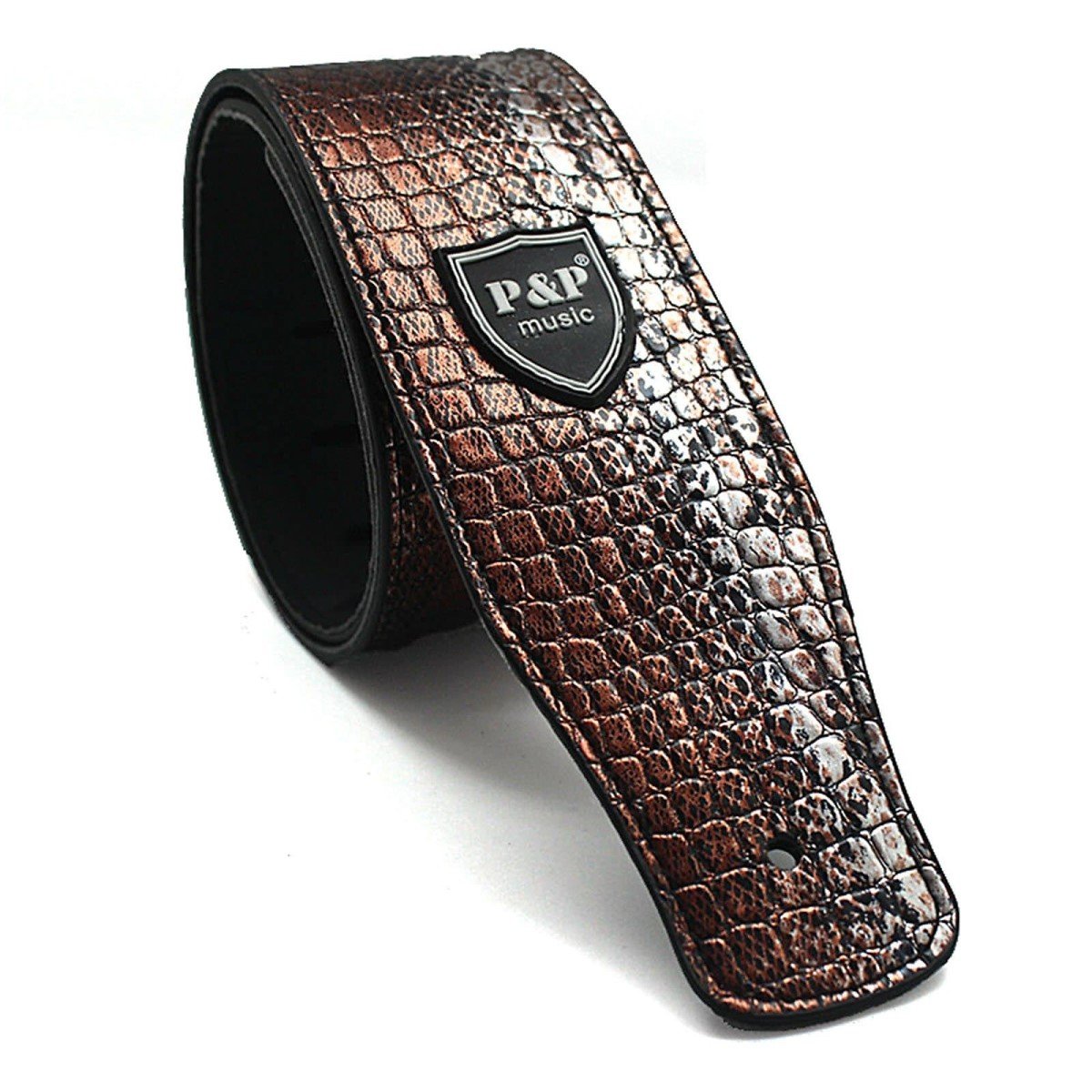 Adjustable Leather Guitar Strap Embossed for Acoustic Electric Guitar Strap Metallic Brown Snake