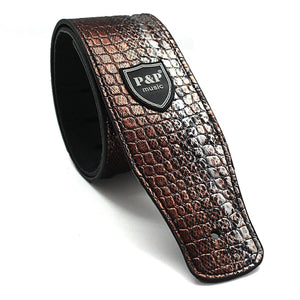 Adjustable Leather Guitar Strap Embossed for Acoustic Electric Guitar Strap Metallic Brown Snake