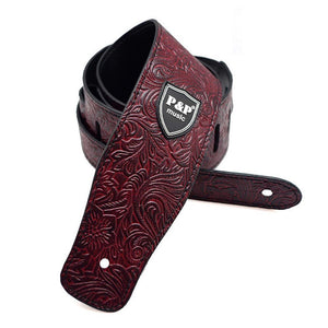 Adjustable Leather Guitar Strap Embossed for Acoustic Electric Guitar Strap Red Paisley