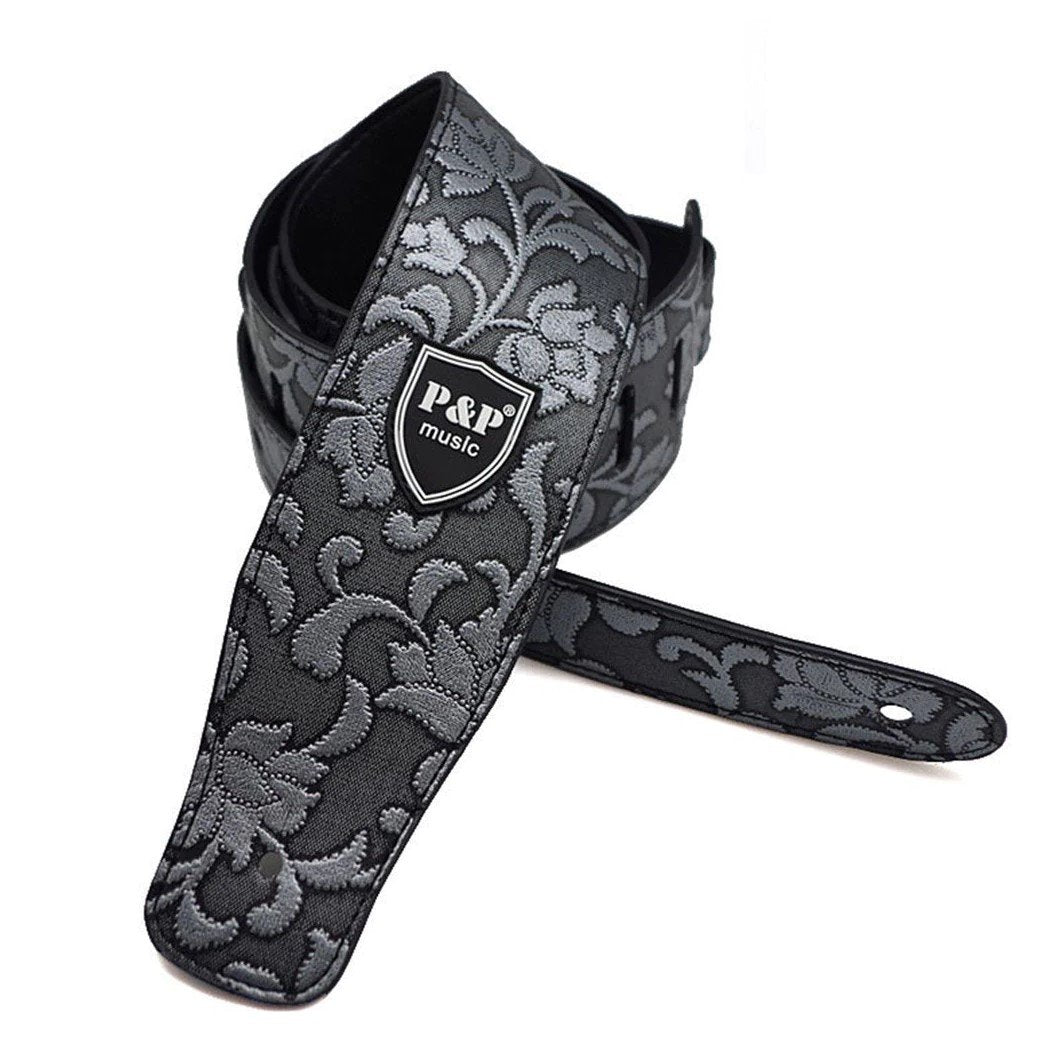 Adjustable Leather Guitar Strap Embossed for Acoustic Electric Guitar Strap Silver Paisley