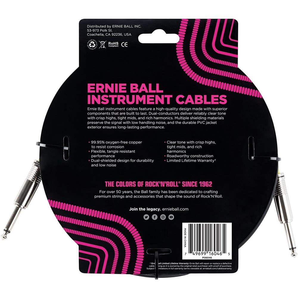 Ernie Ball Straight/Straight Instrument Cables 20ft, Black