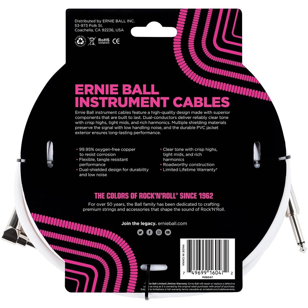 Ernie Ball Straight/Angled Instrument Cables 20ft, White