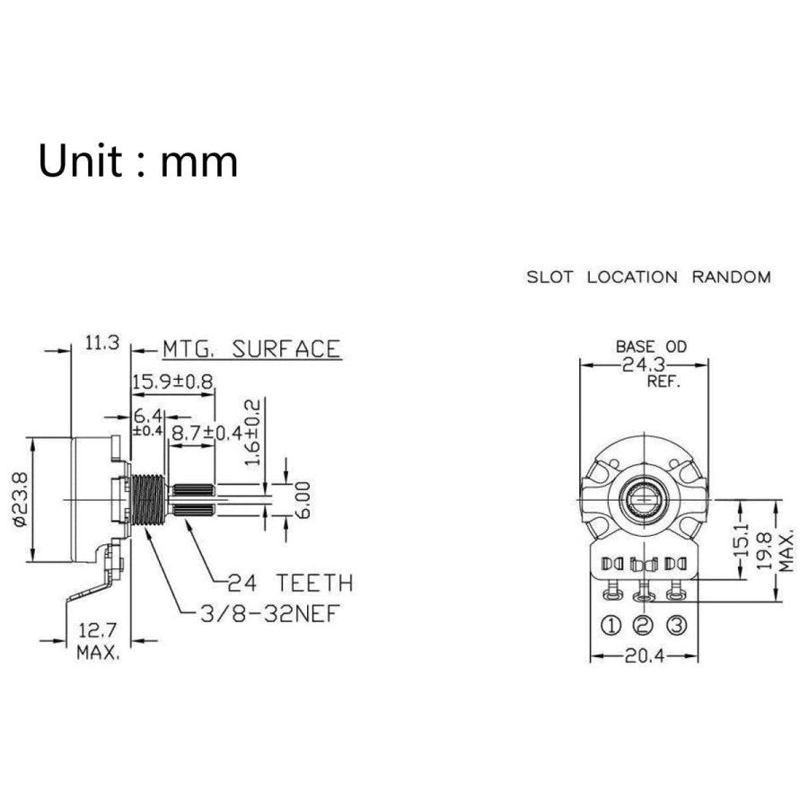 CTS 450 Series A250K Split Shaft Guitar Potentiometer, 10% Tolerance